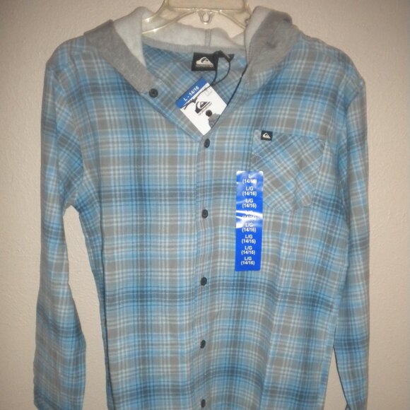 Quiksilver Boys Size Large 14/16 Azure Blue Hooded Flannel Shirt Shacket NWT - Picture 2 of 5